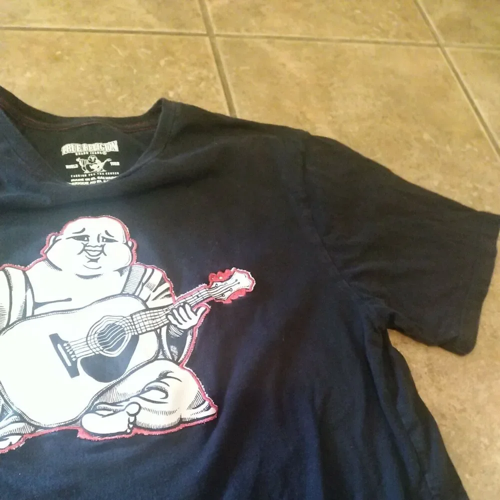 Rare TRUE RELIGION Embroidered Buddha Logo Short Sleeve Black Large L Lg